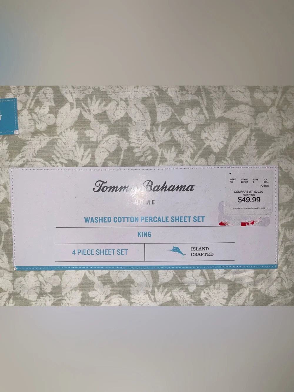 Tommy Bahama King Washed Cotton Percale Sheet Set in Green and White